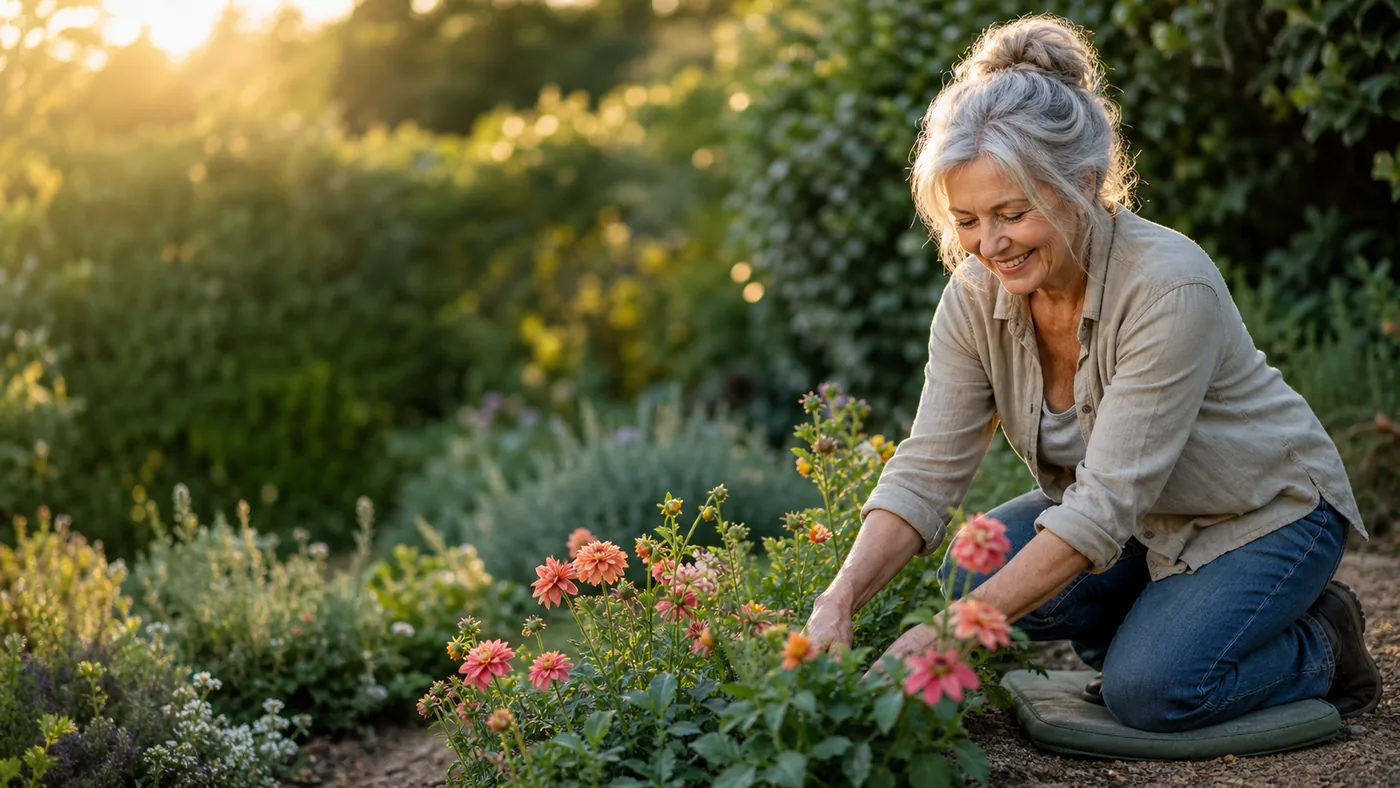 Active older woman comfortably tending a garden in warm afternoon light