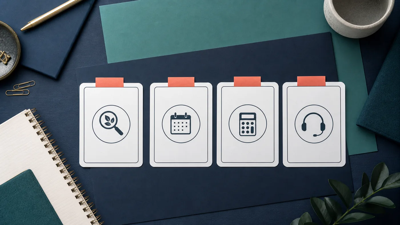 Buyer decision desk with abstract cards for ingredient, routine, price, and support checks