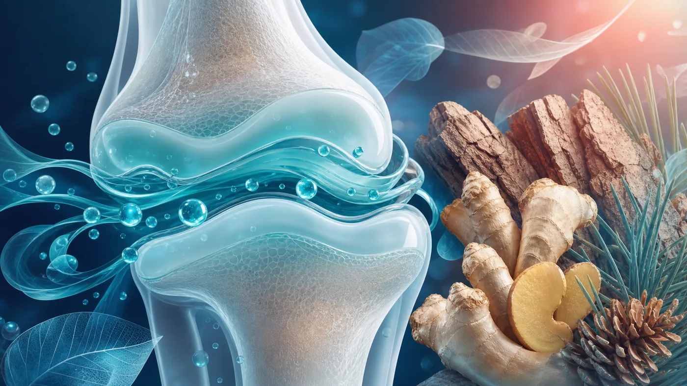 Abstract educational illustration of hydrated joint surfaces, flowing fluid, ginger, and pine bark
