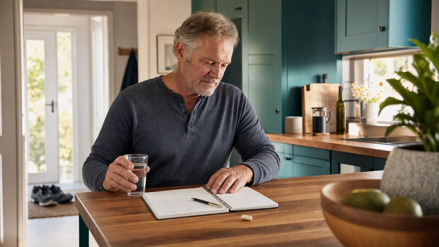 Mature man preparing a simple morning capsule and water routine beside a weekly planner